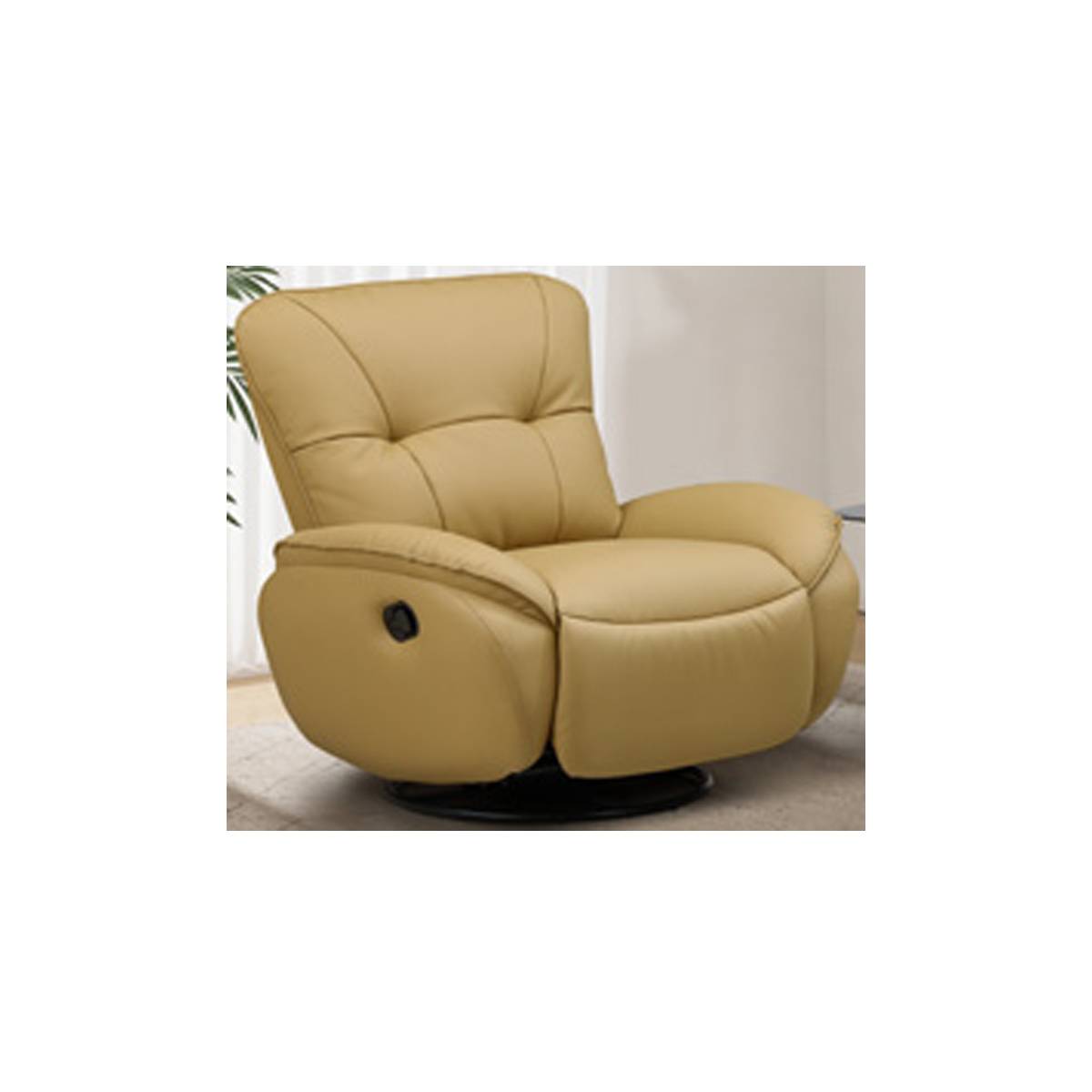 Side profile of a beige recliner chair showing the manual lever and swivel base
