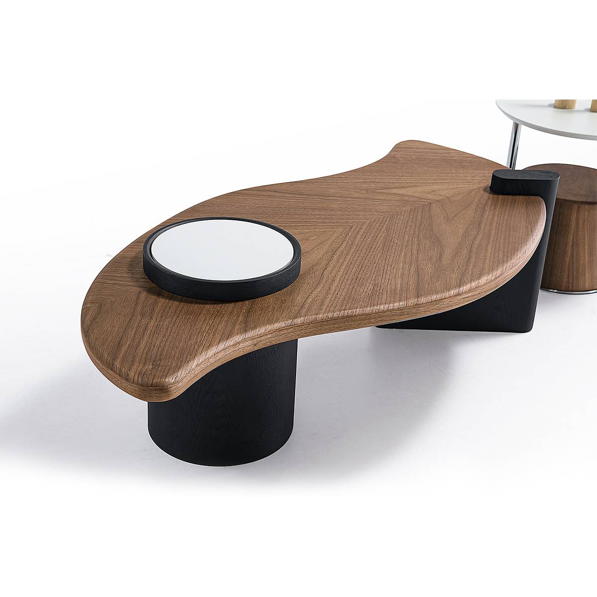Close-up view of the B63 coffee table highlighting the wood grain and black base.