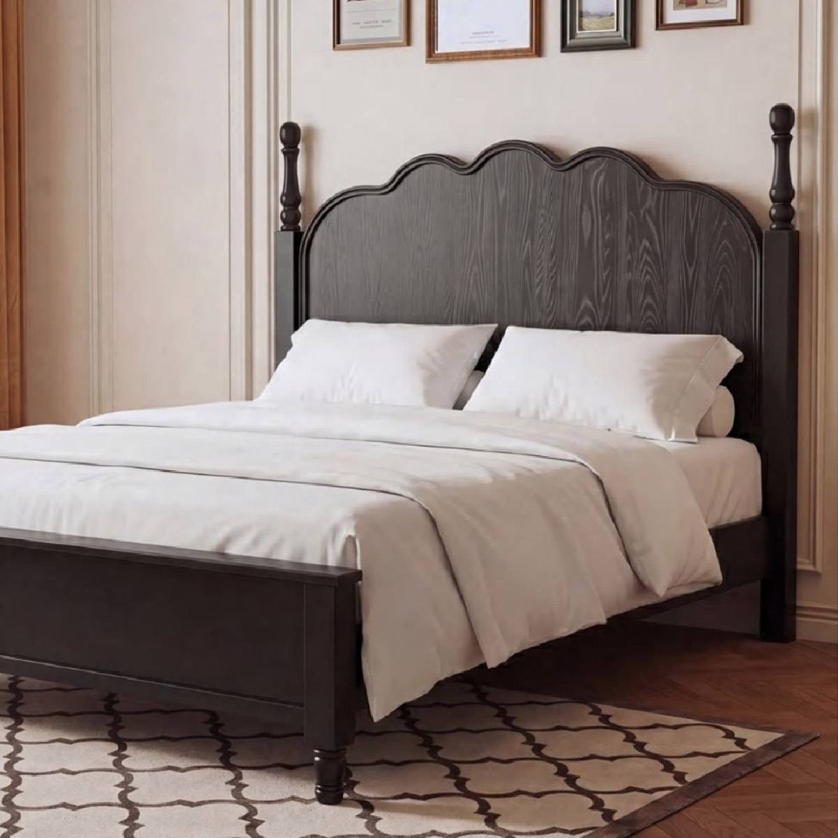 Close-up view of the bed headboard and white bedding