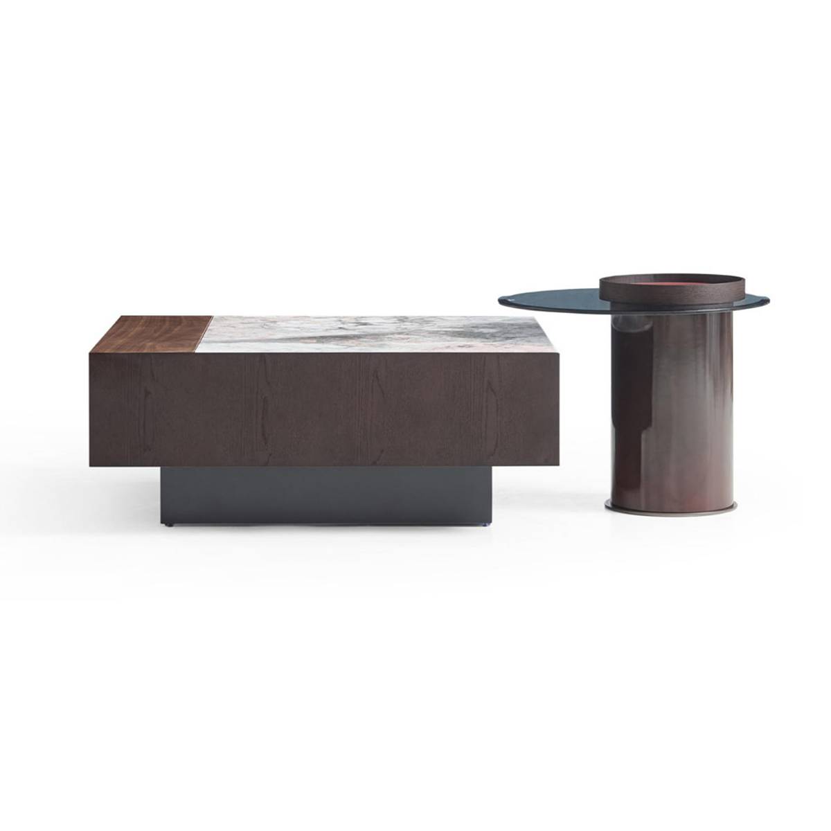 Side profile view of the coffee table set highlighting the base structure