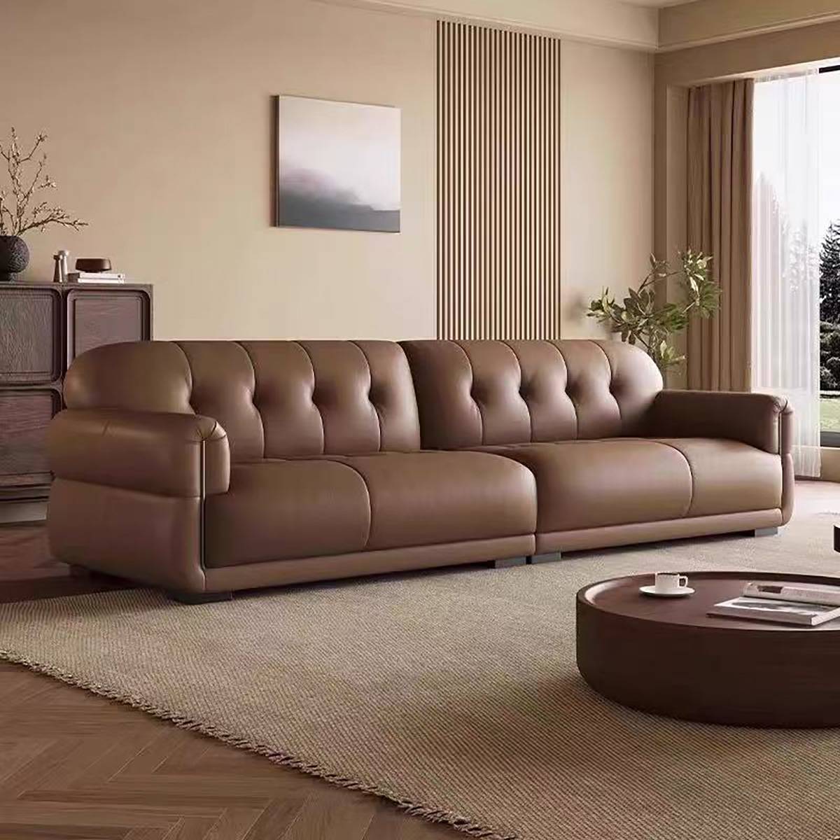 Side angle view of brown eco-leather straight sofa in living room