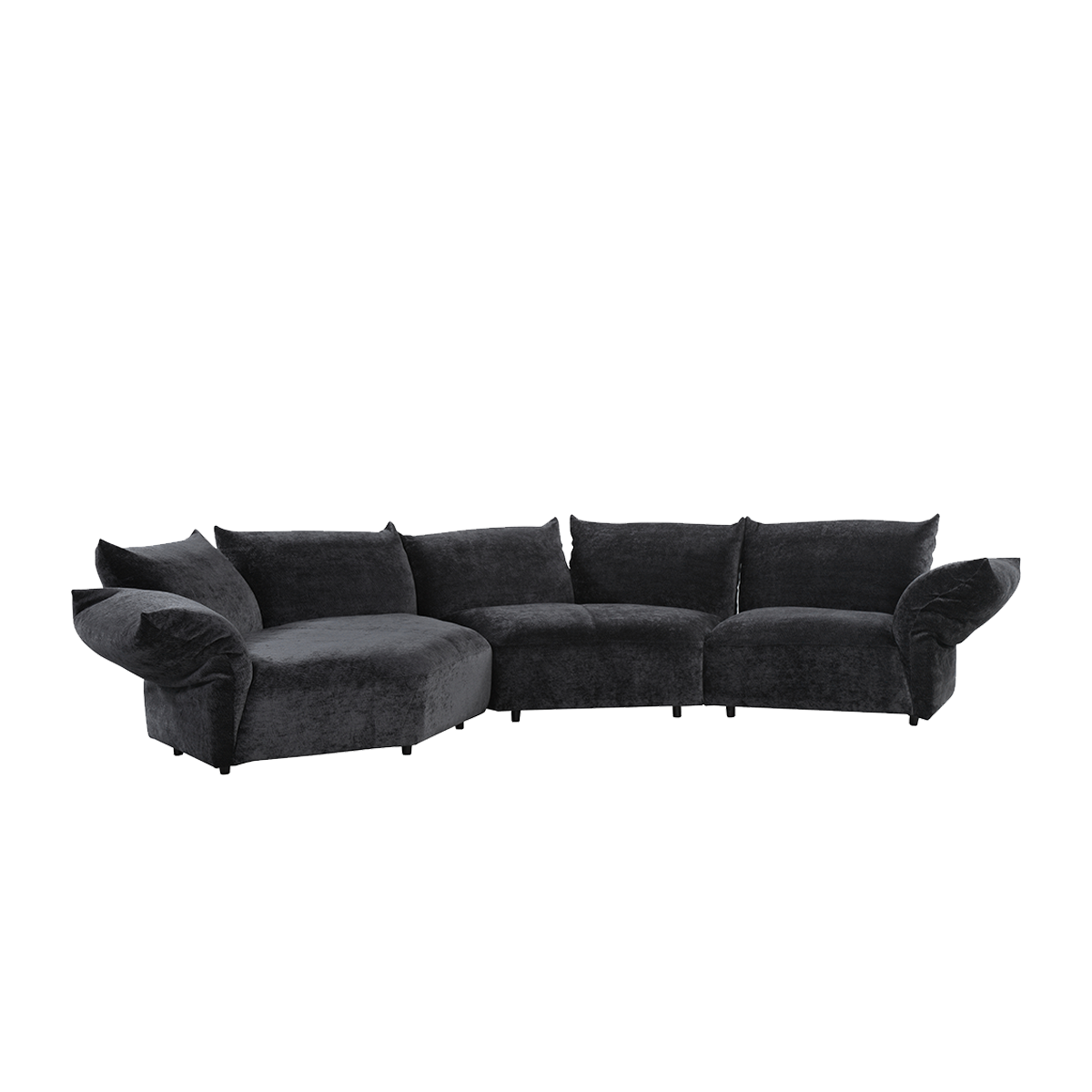 Studio shot of the dark grey curved sofa against a white background