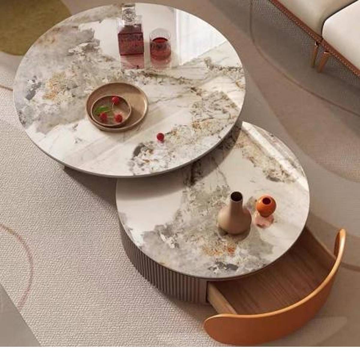 Top-down view showing the nesting arrangement and the open drawer of the smaller table