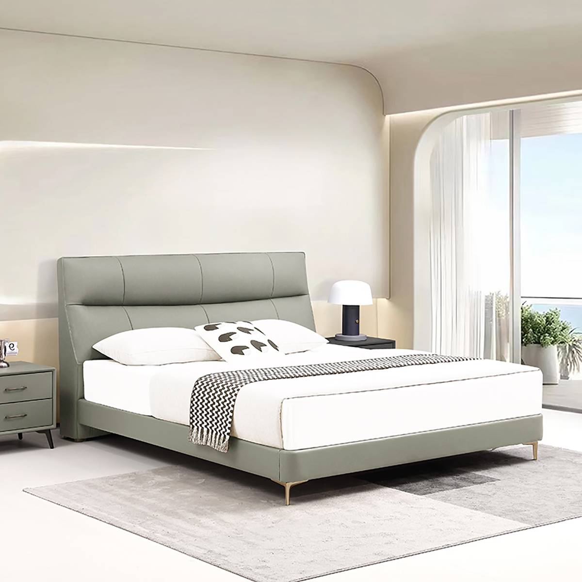 Full view of the sage green Cheers bed frame in a modern bedroom setting