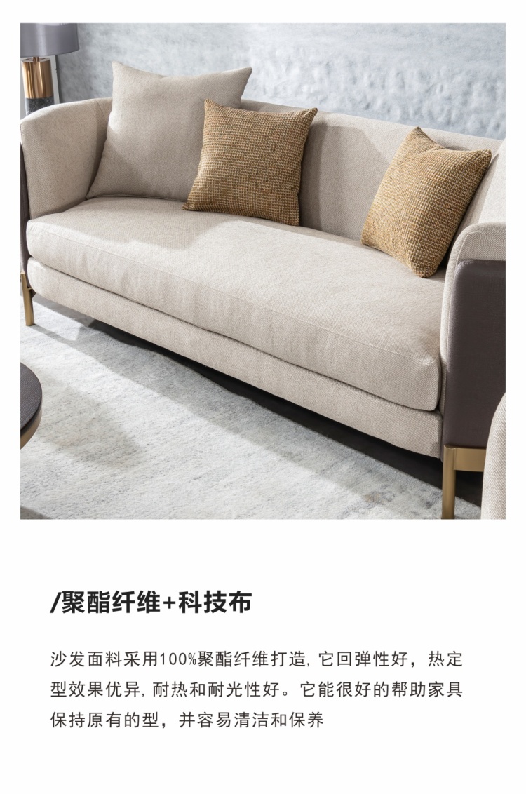 Full view of the sofa in a living room setting with bookshelf background