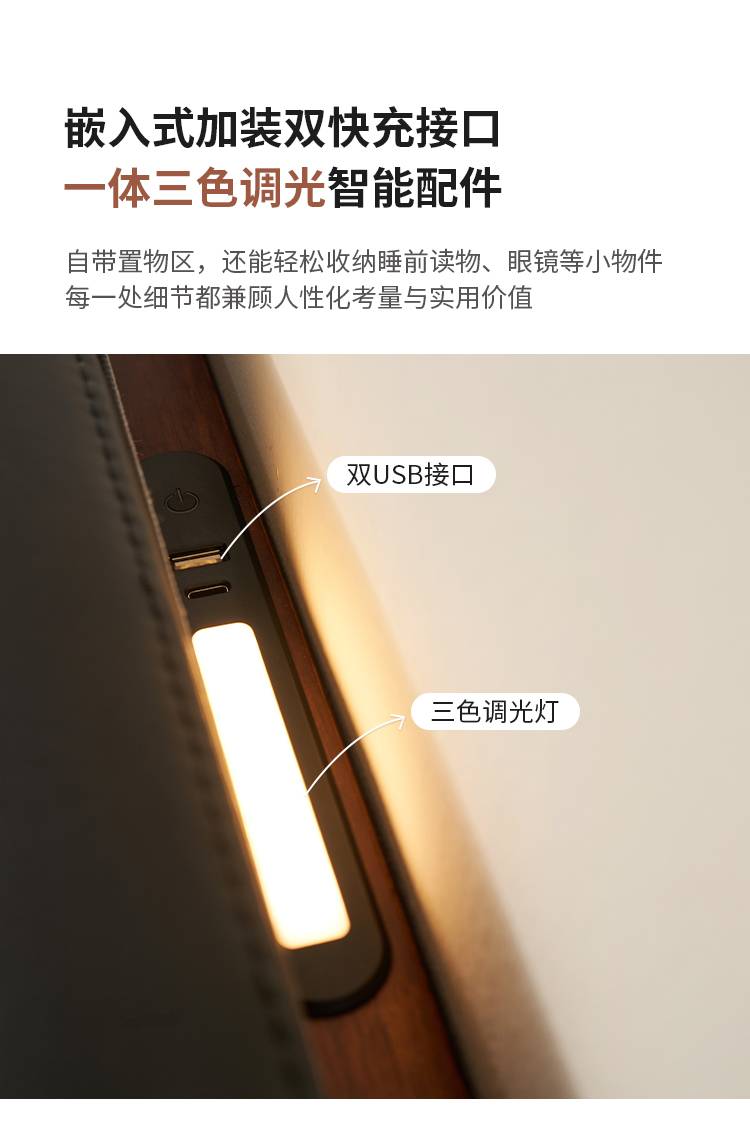 Close-up of the headboard showing dual USB ports and three-color dimmable light
