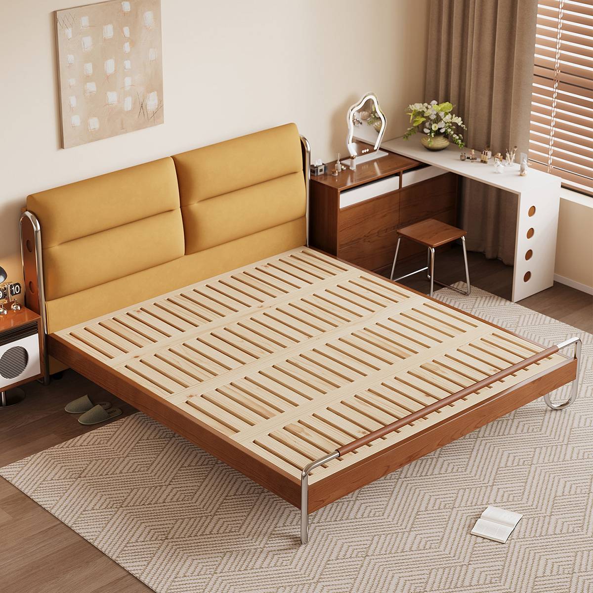 View of the bed frame showing the wooden slat base without mattress