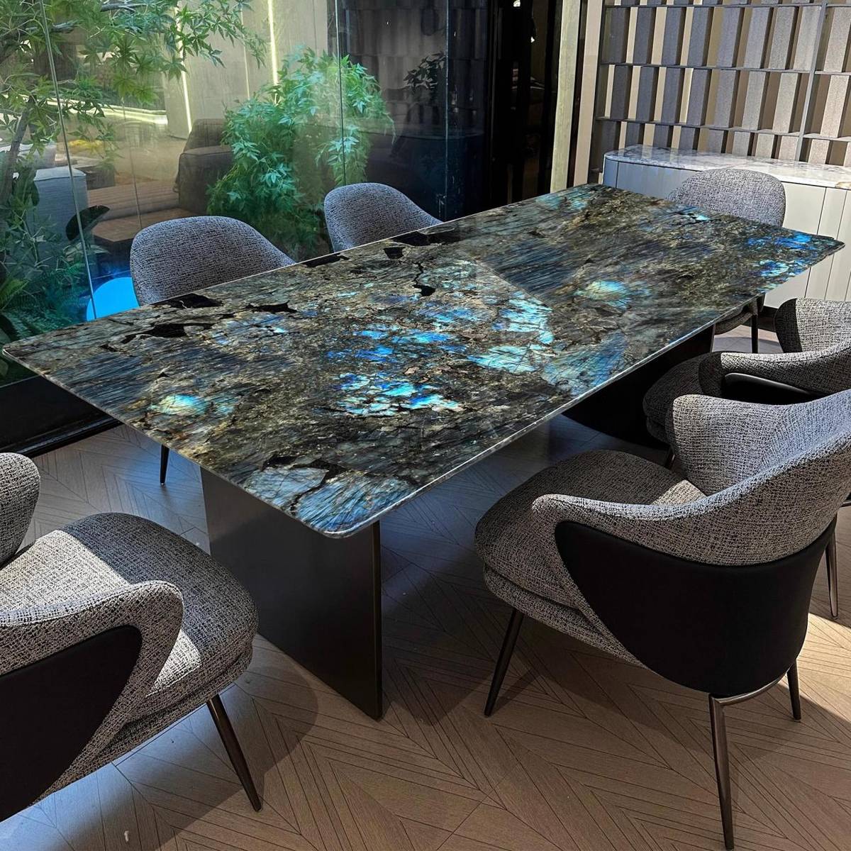 Imported Blue Jadeite Natural Marble Luxury Dining Table with Stainless Steel Grey Linha Base (Z60-S59)