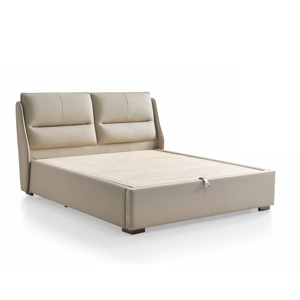 Side view of the beige leather bed frame with closed storage lid
