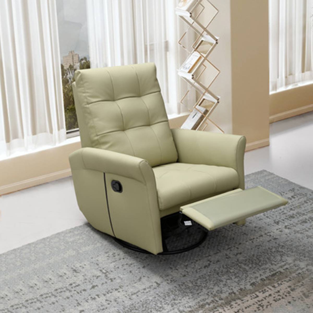 Light green leather recliner chair with extended footrest