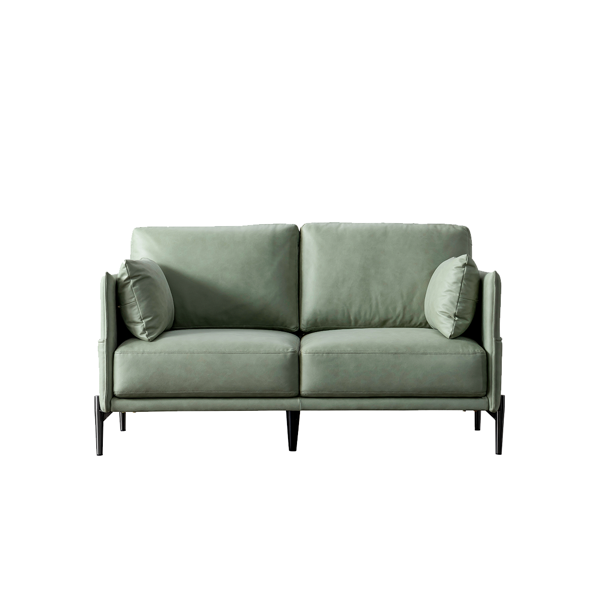 Front view of the sage green sofa showing two seat cushions and back cushions