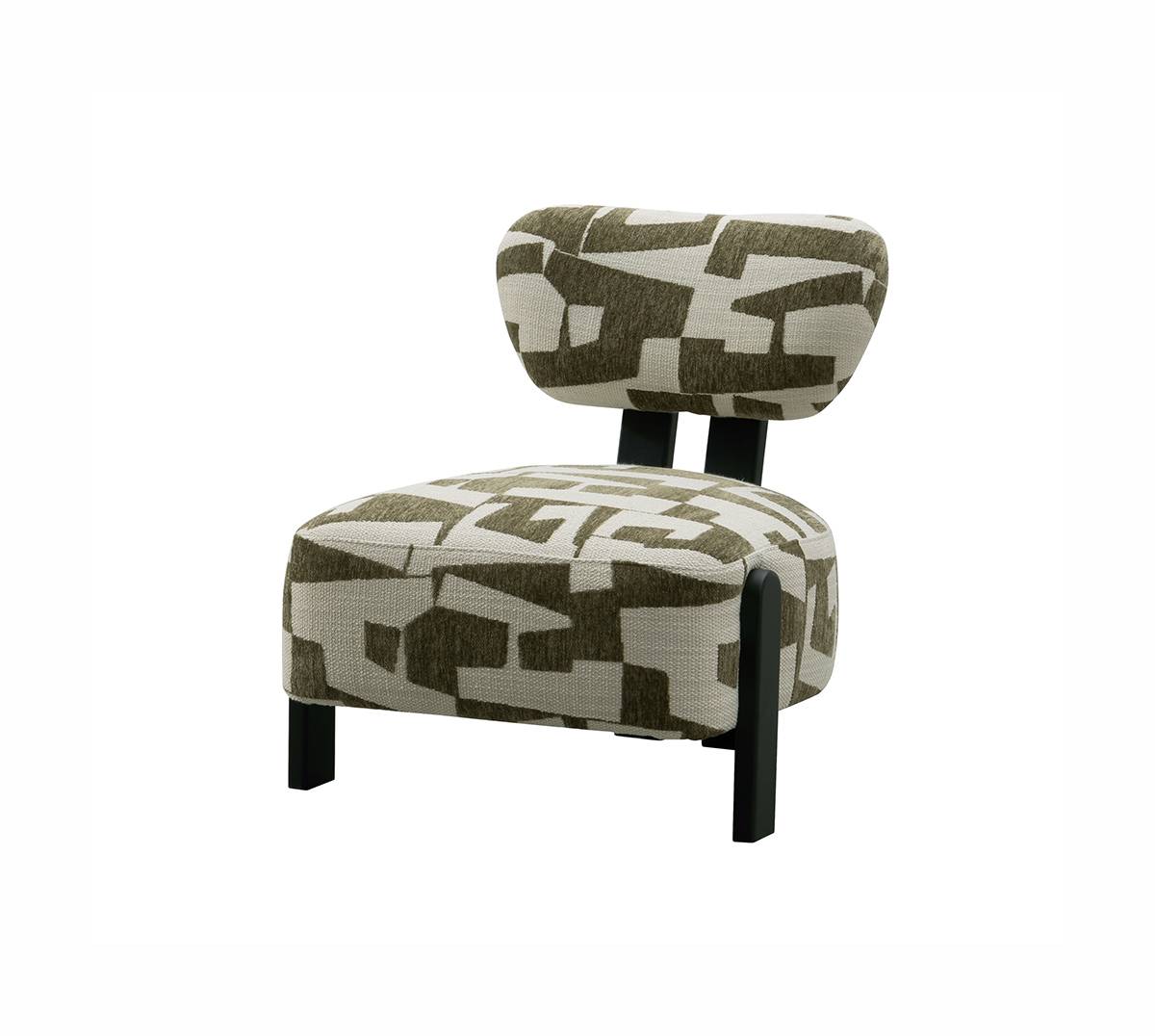 Rear view of the brown geometric pattern lounge chair showing the black frame