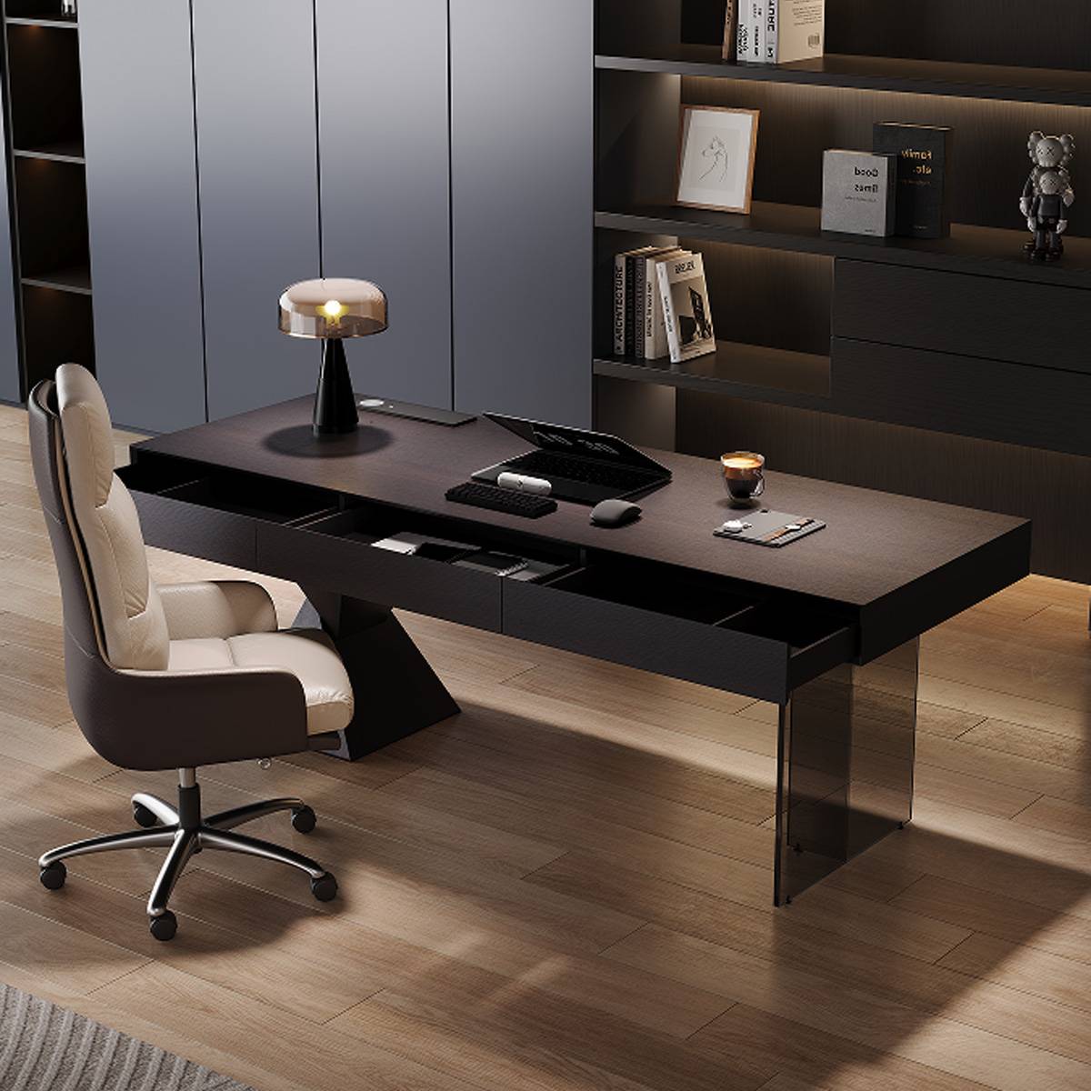 High angle view showing the desk drawers open and workspace layout