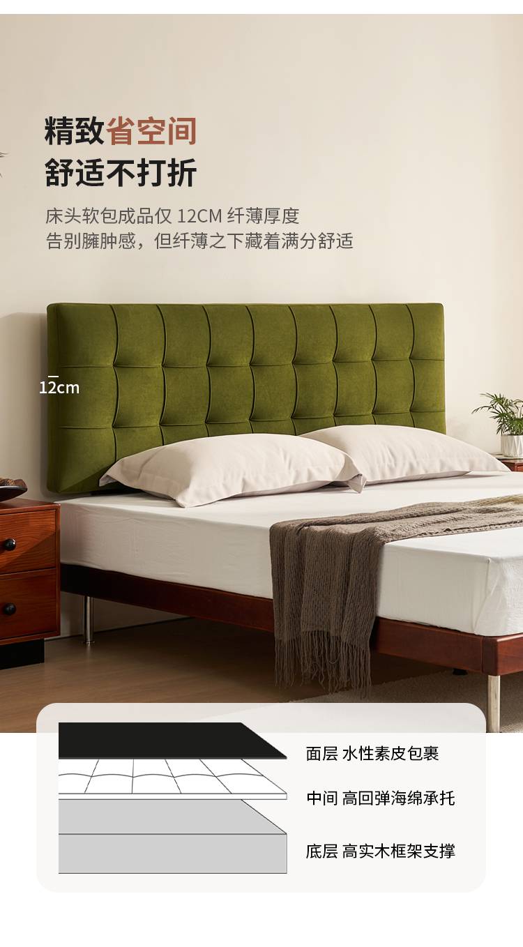 Close-up of the green velvet headboard showing 12cm thickness and material layers