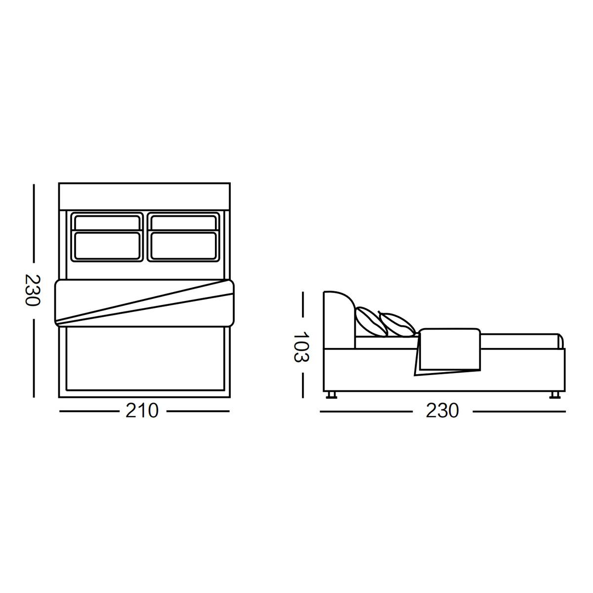 Technical dimension diagram showing bed measurements of 230x210x103 cm
