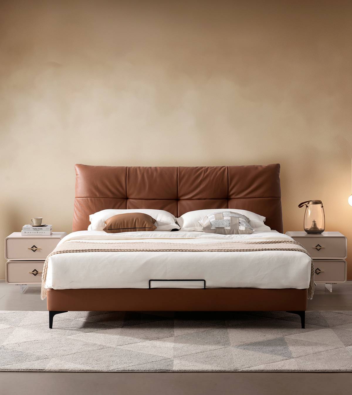 Front view of the bed in a bedroom setting with bedside tables