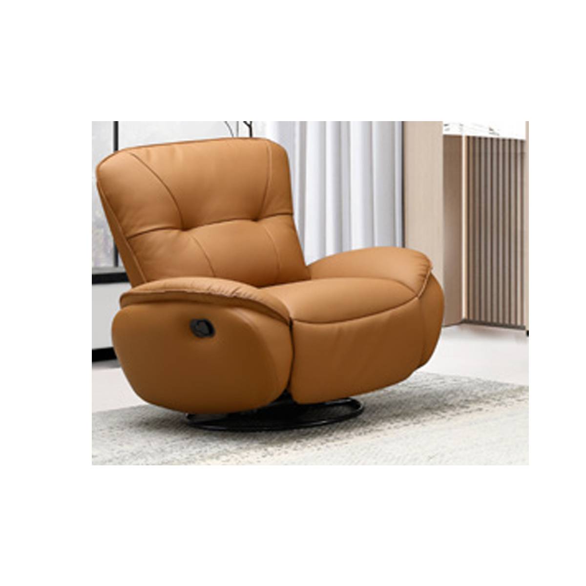 Side profile of a tan recliner chair showing the manual lever and swivel base