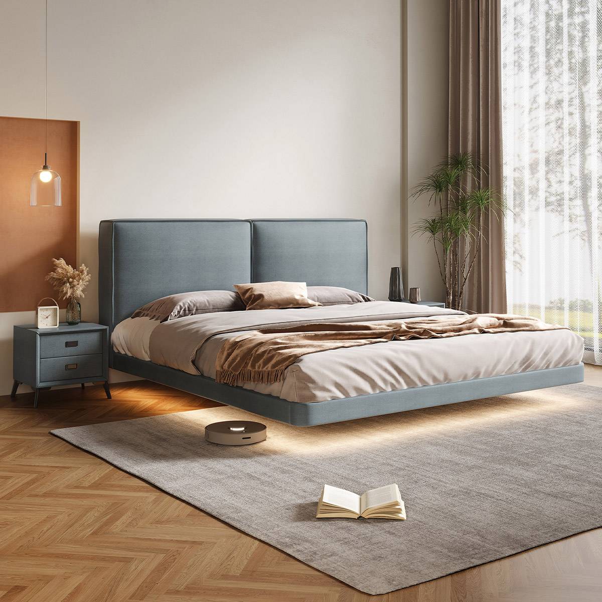 Side view of the floating bed in a blue-grey color variation