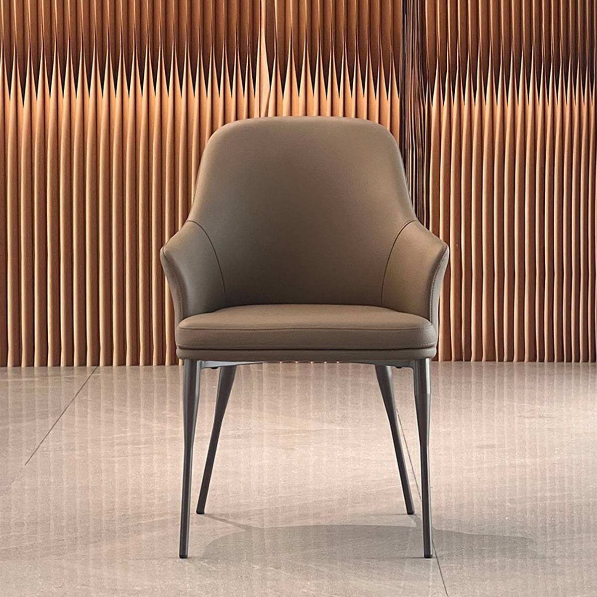 Front view of an orange modern dining chair with a carbon steel frame.