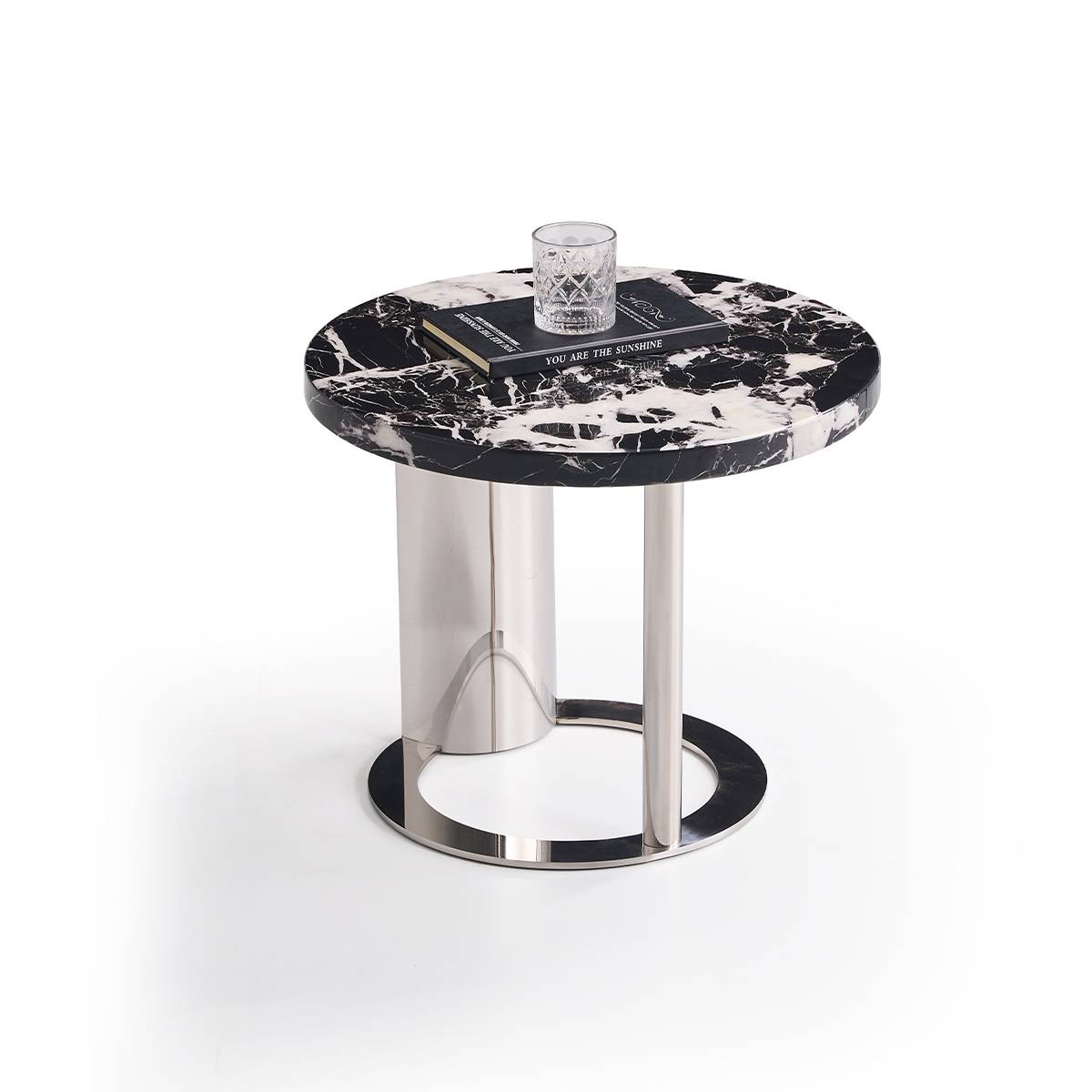 Front view of B10 marble side table showing stainless steel base
