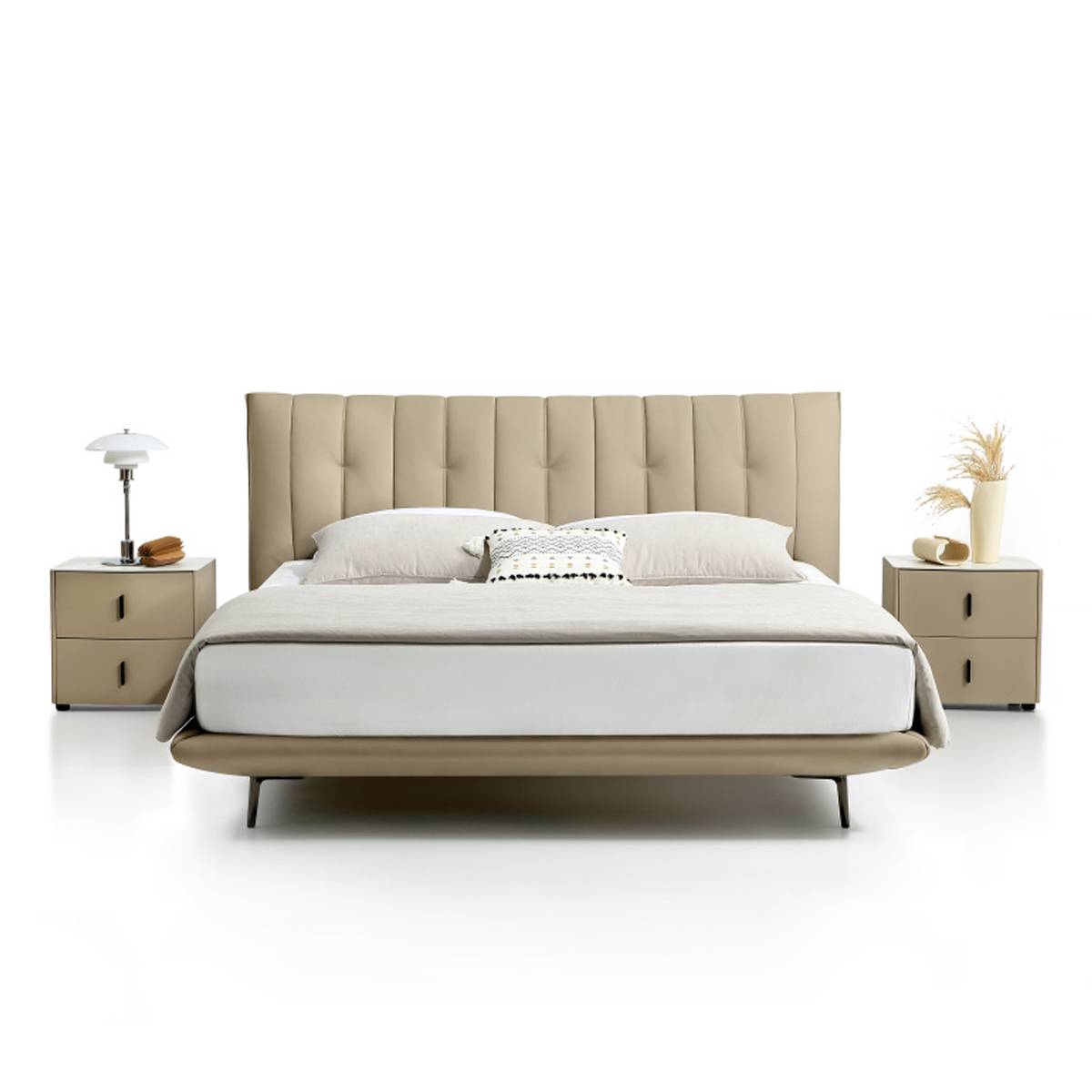 Front view of the beige upholstered bed frame