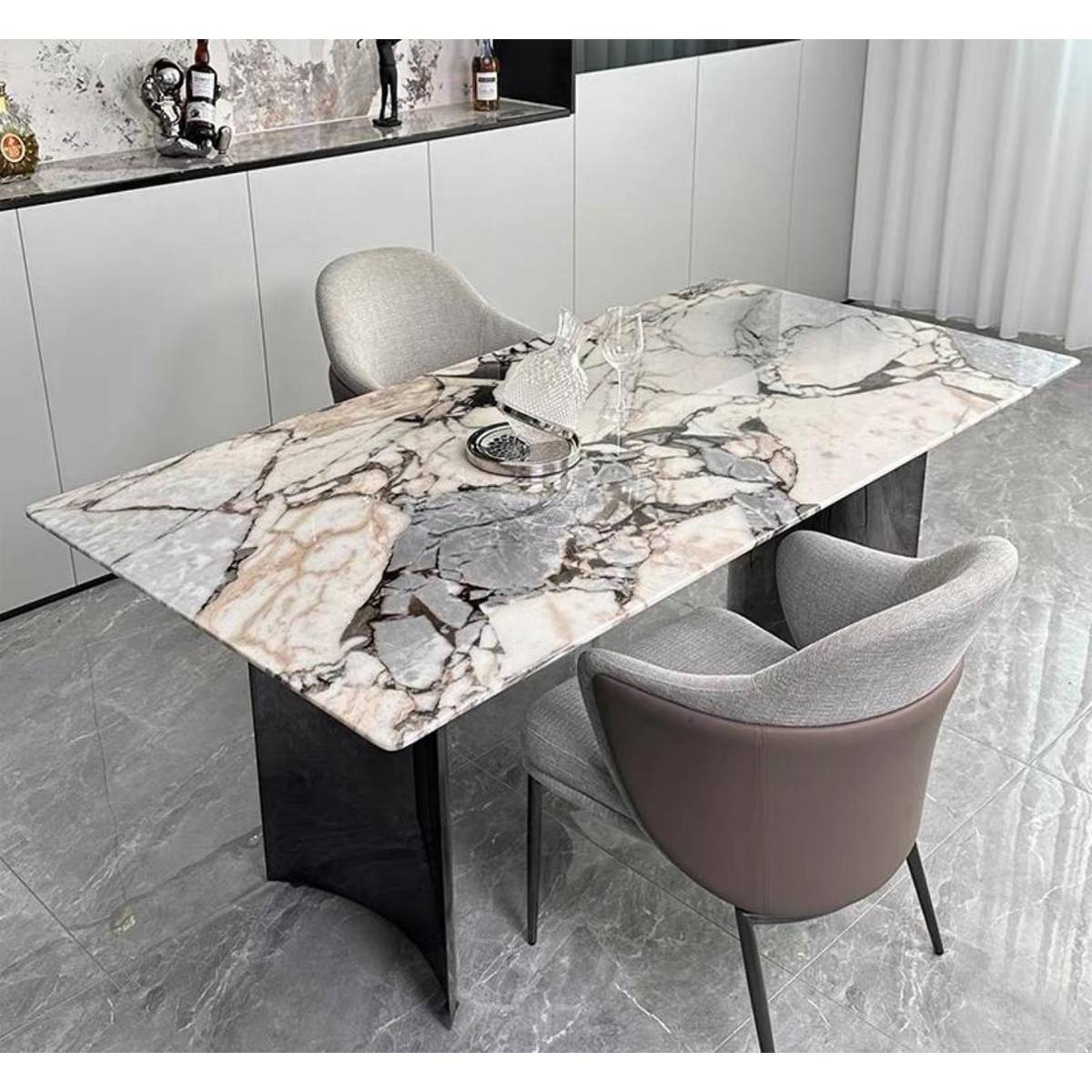 Ocean Storm/Elephant White Natural Marble Luxury Dining Table with Stainless Steel Grey Crescent Base (Z60-S115)