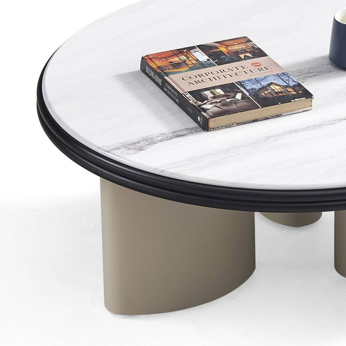 Close-up detail of the microcrystalline stone surface and the edge of the coffee table