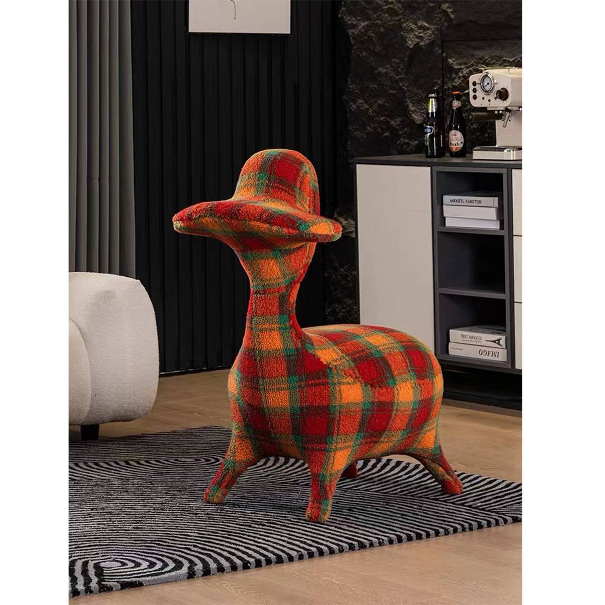 Orange plaid duck chair in a living room setting