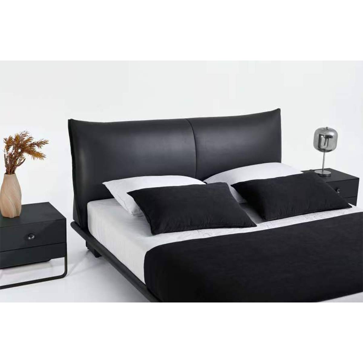 Close up view of bed headboard and pillows