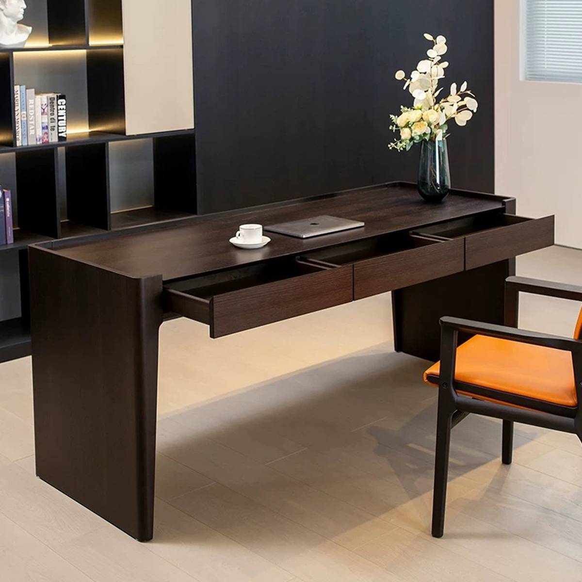 Close-up view of the desk with drawers pulled out to show storage capacity