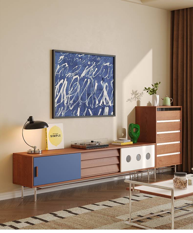 Bauhaus TV Console with blue sliding door variation