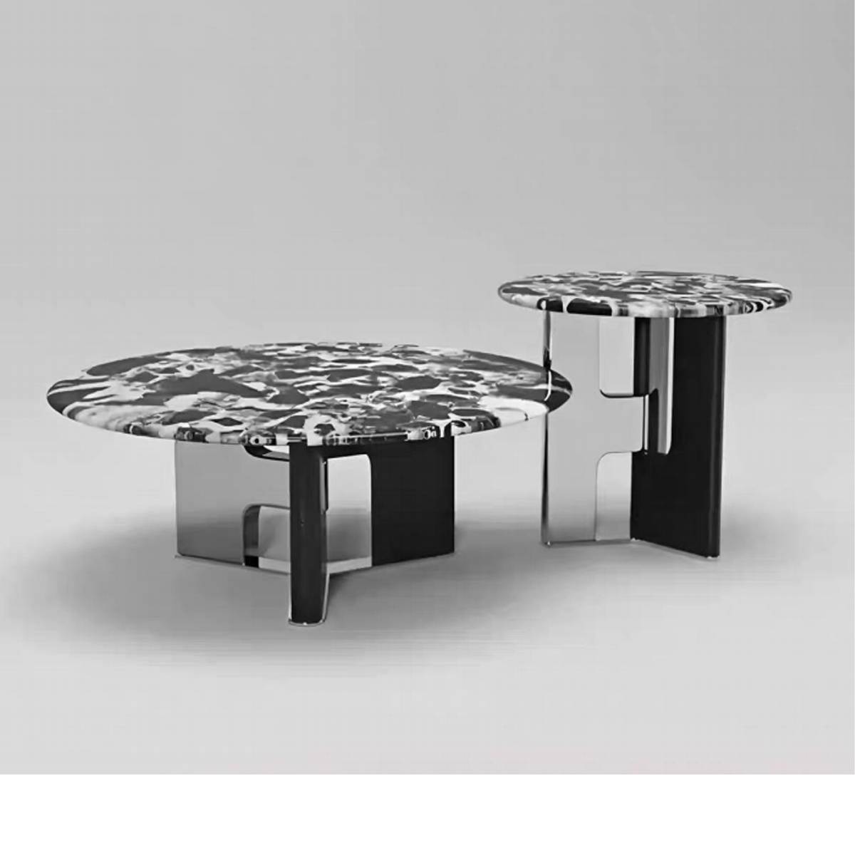 Side view of nesting coffee tables showing the geometric base structure