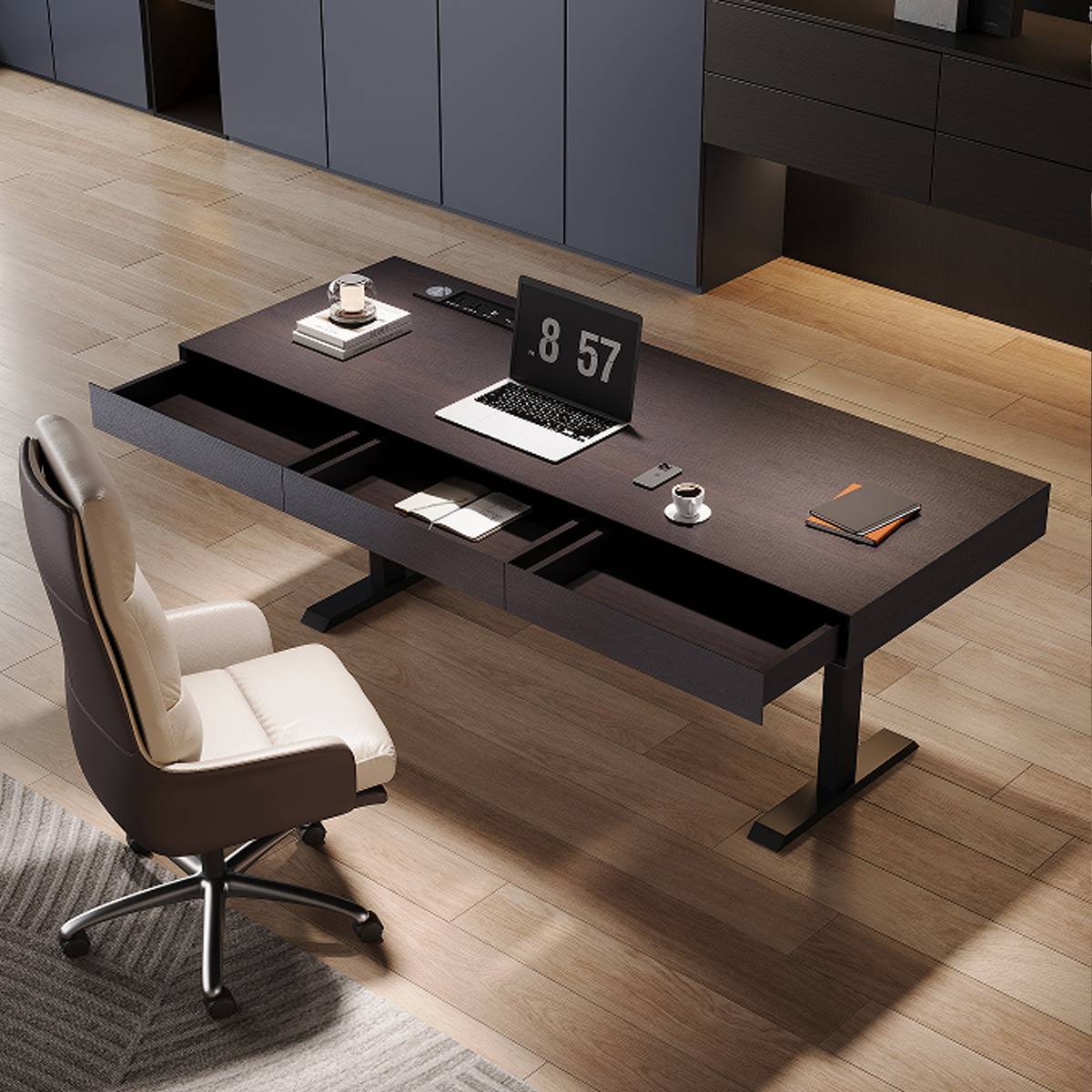 Overhead view showing the desk surface and open drawers