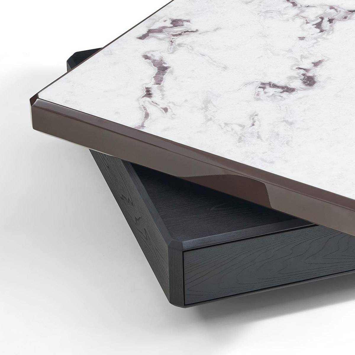 Close-up detail of the marble edge and wood drawer construction