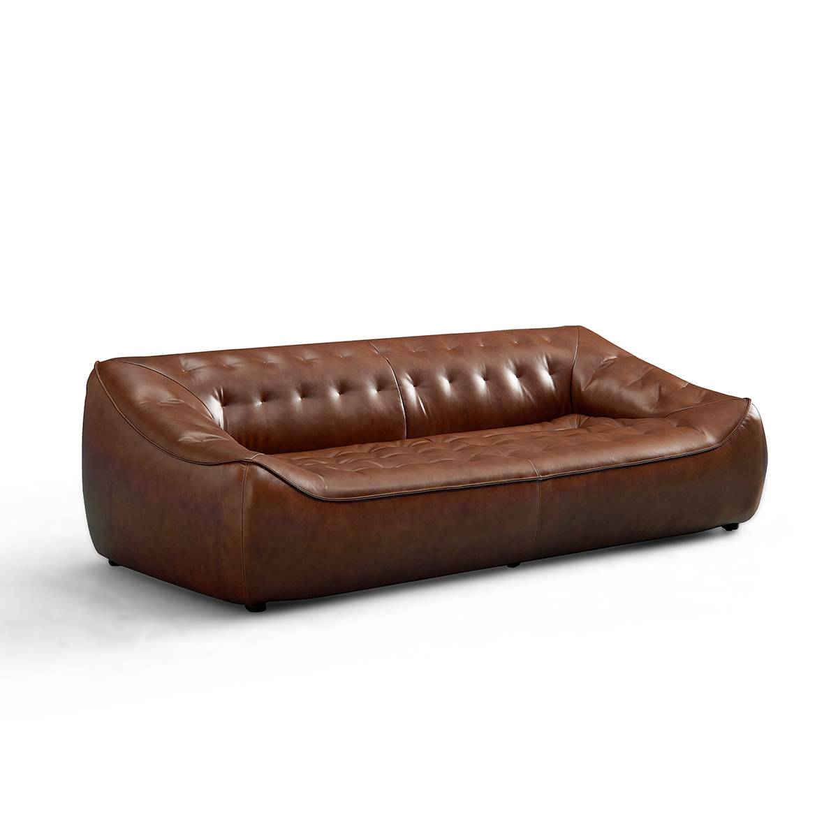 Side angled view of brown leather tufted sofa