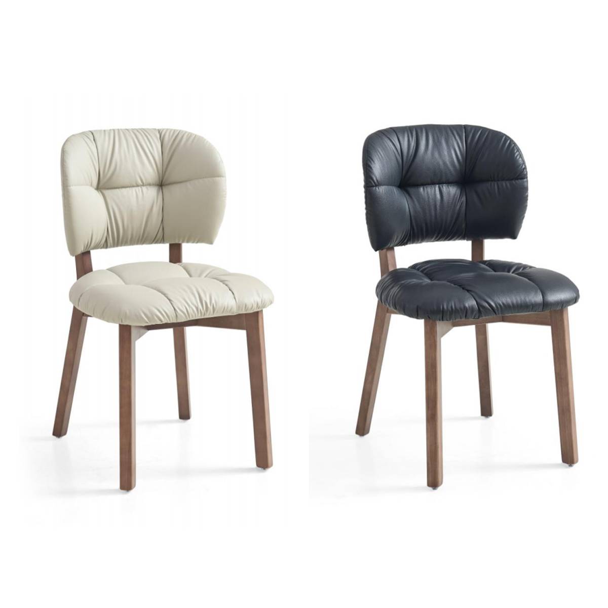 Side-by-side view of beige and black tufted dining chairs