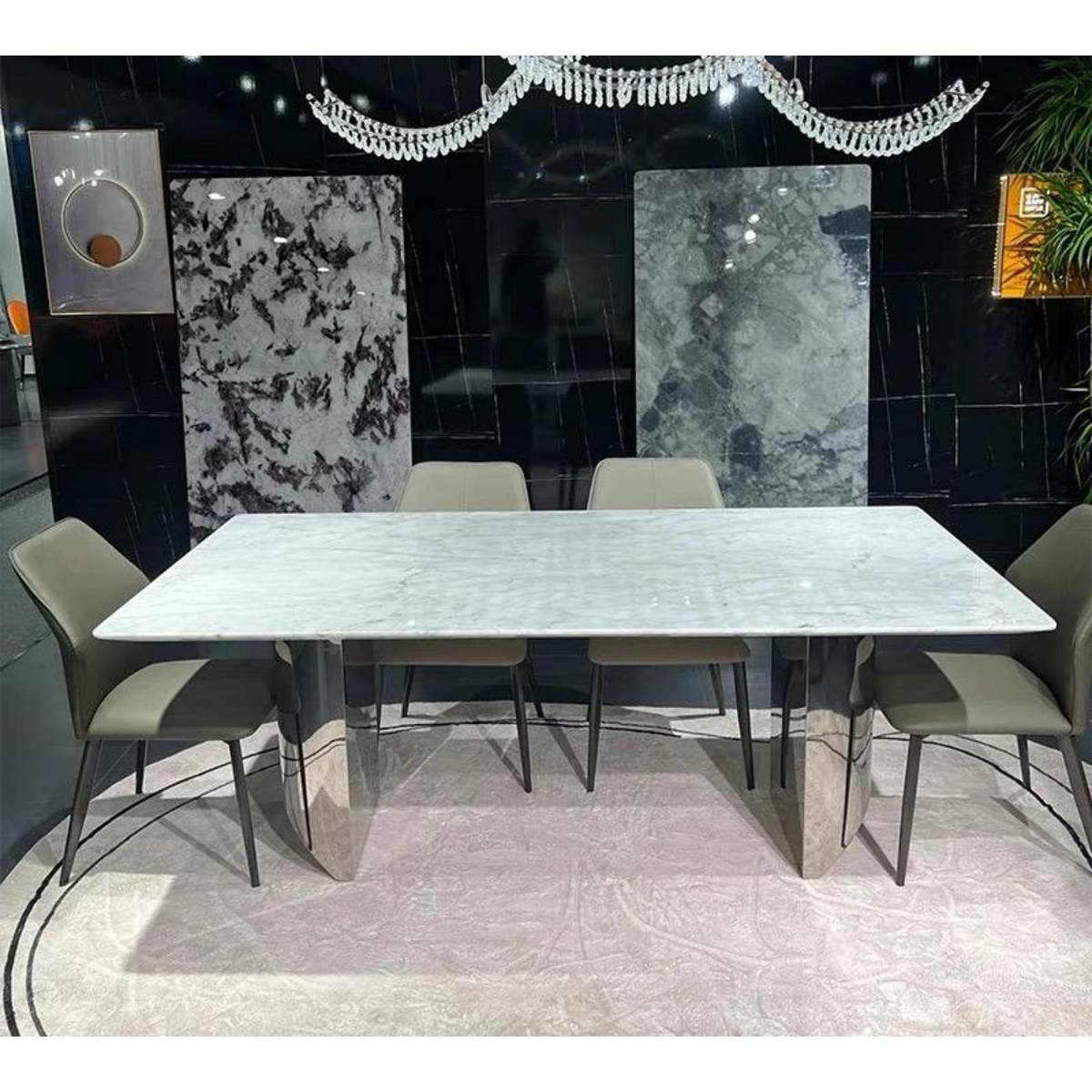 Medium Flower White Natural Marble Dining Table with D-Shape Mirror Base (Z60-S36)