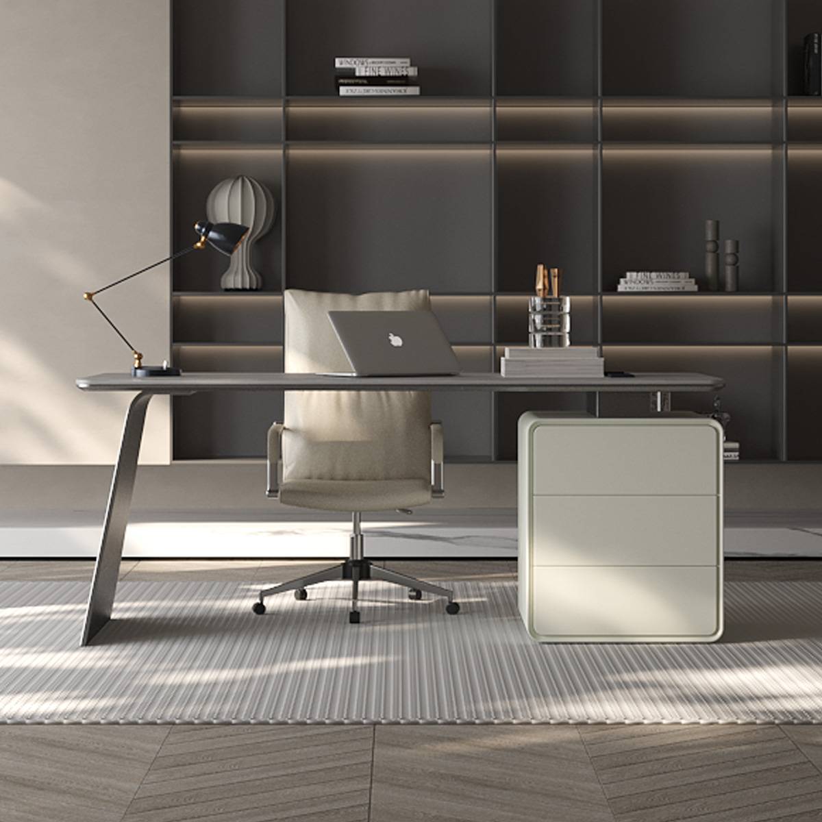 Front view of the desk with office chair and background shelving