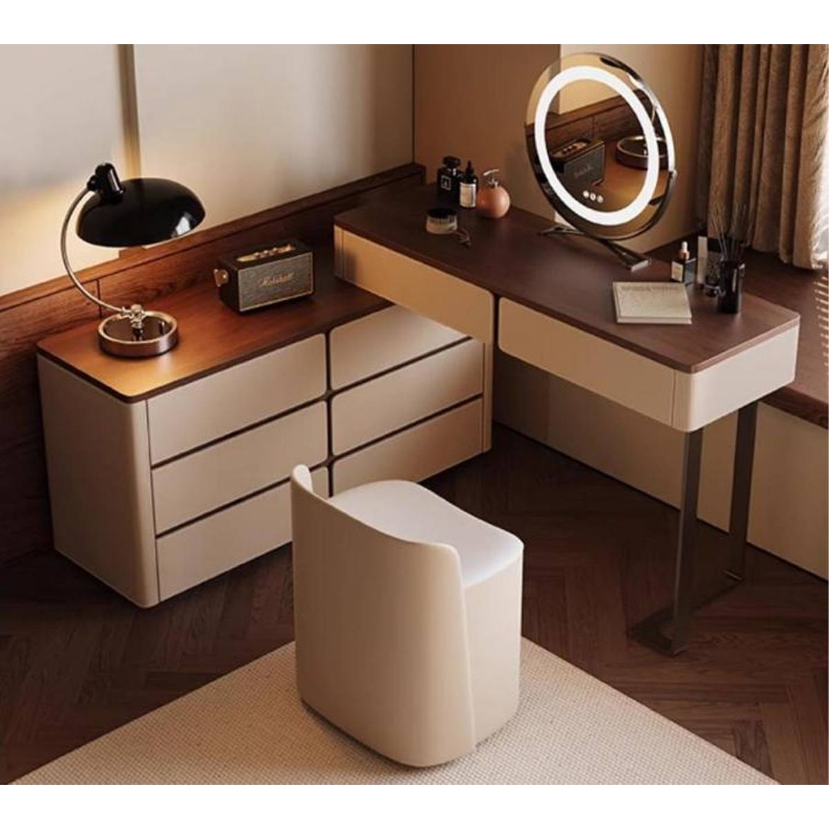 Angled view of the vanity desk set showing the drawers and stool