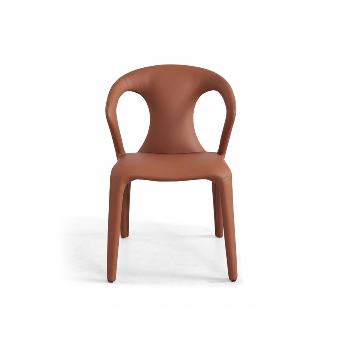 Front view of an orange modern dining chair with curved backrest