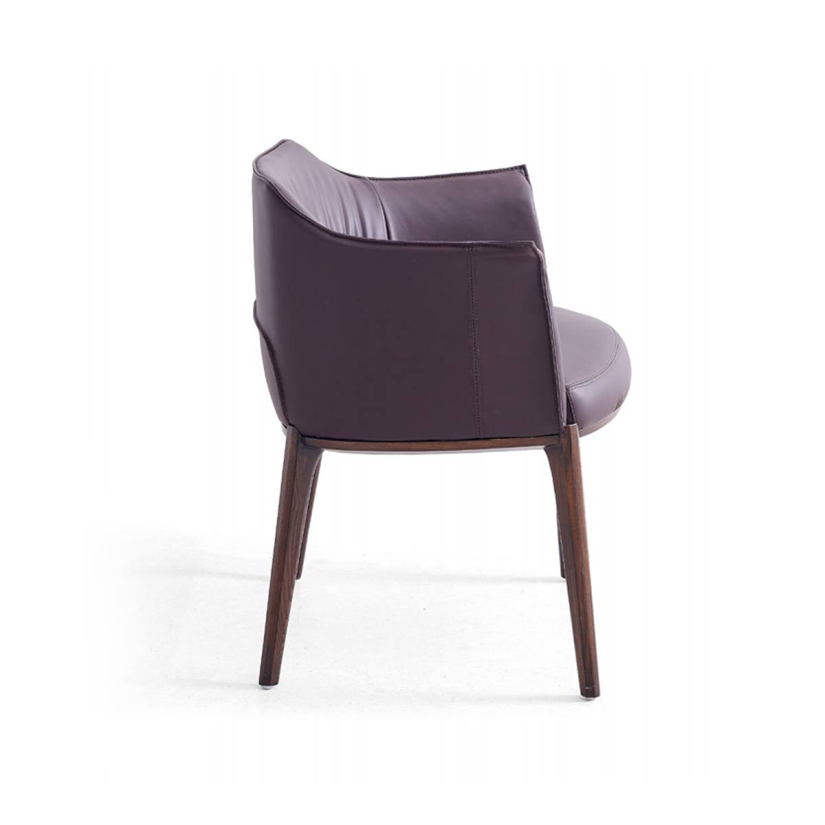 Side view of the brown dining chair showing the curved backrest and wooden frame