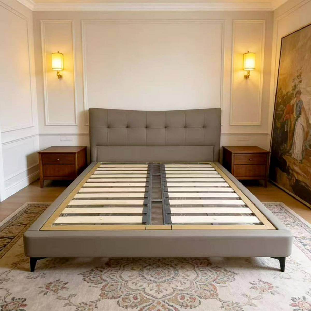 Bed frame showing the internal steel-wood slat support system without mattress