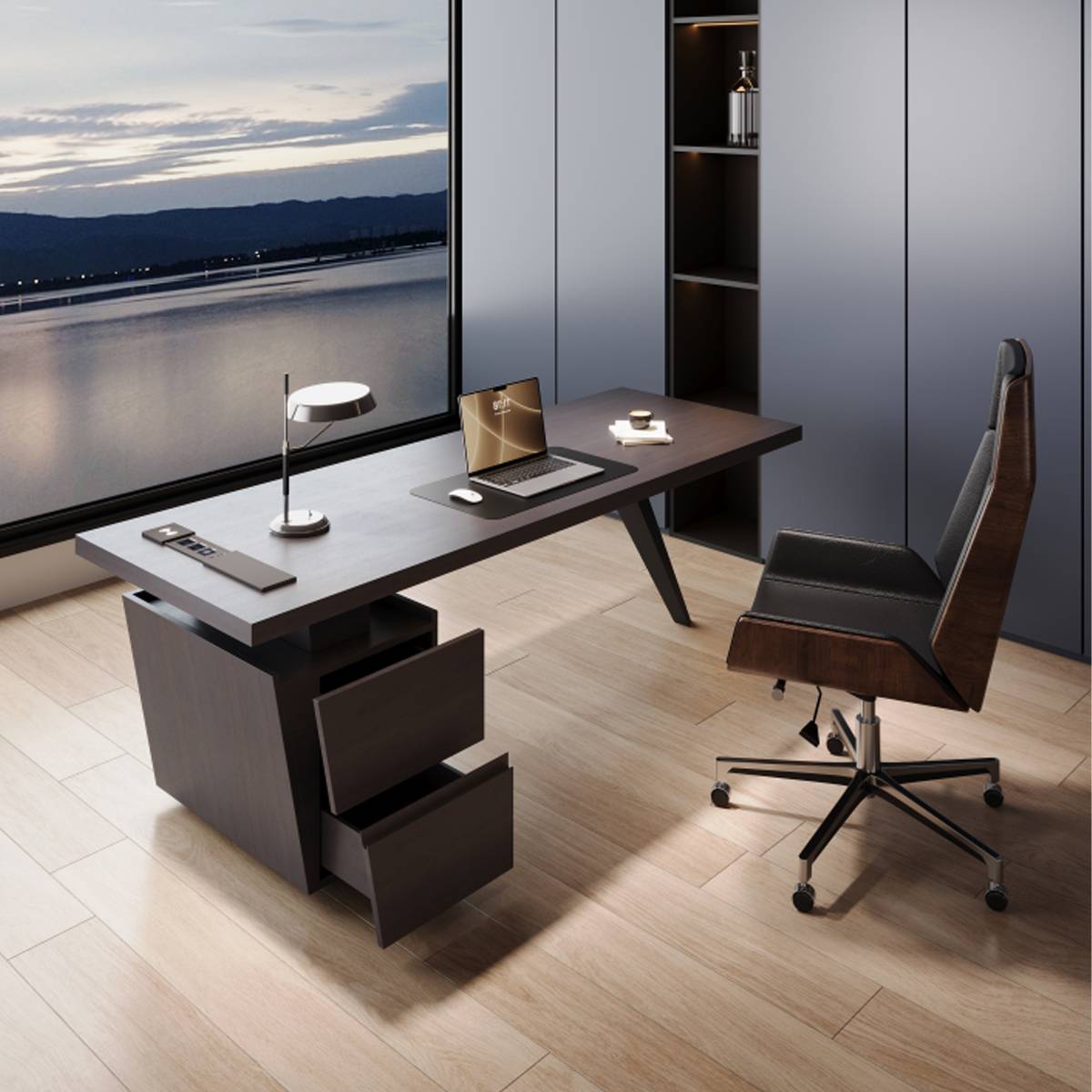 Detail view of the Z47 desk with drawers open, showing storage capacity.