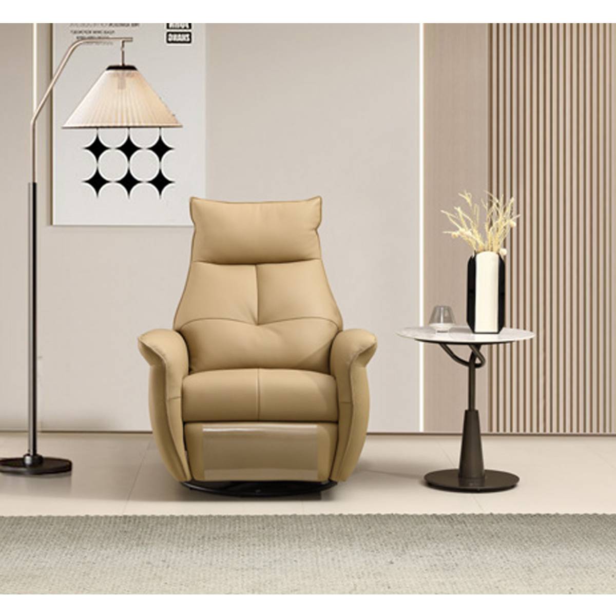 Front view of beige leather recliner chair in upright position