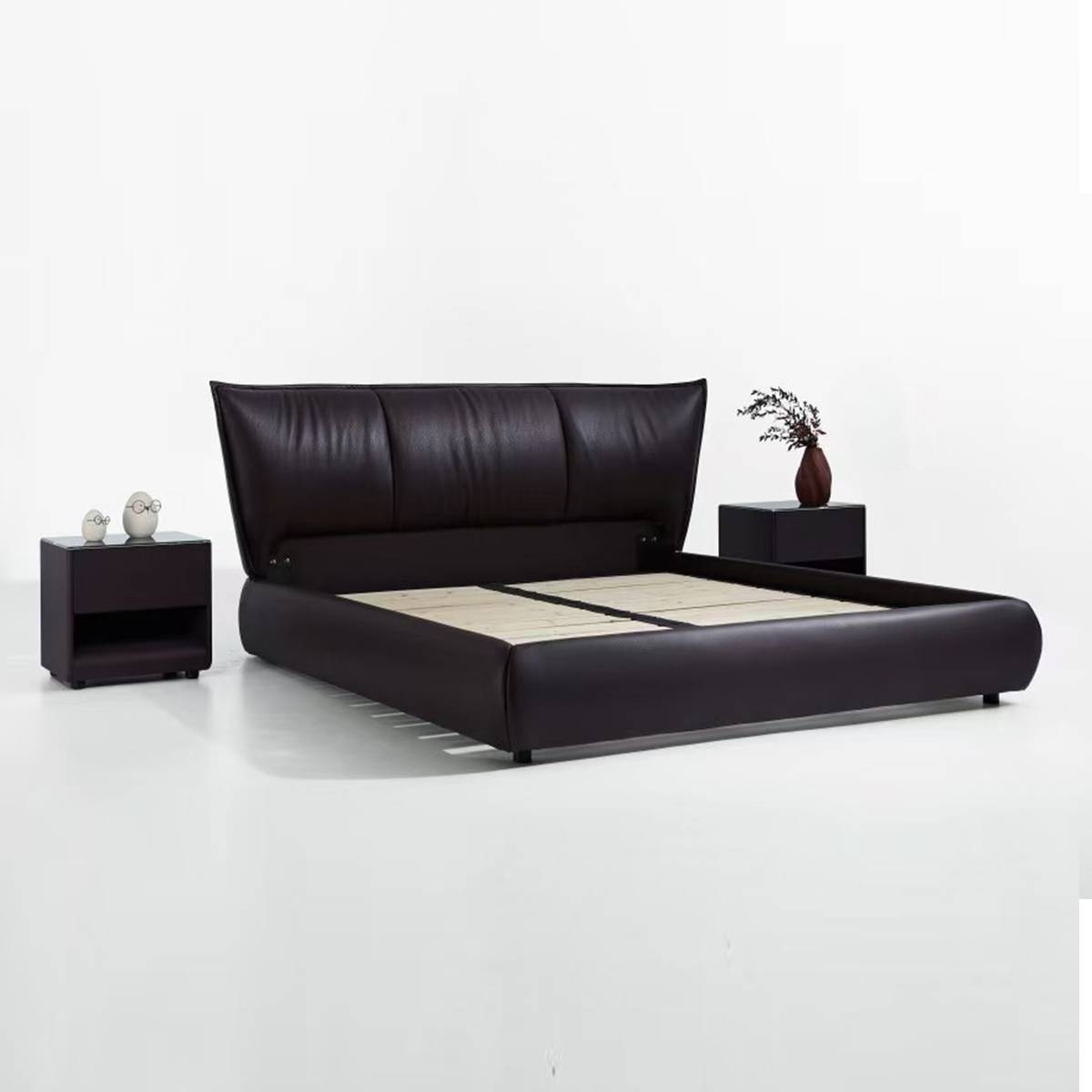 Bed frame without mattress showing the wooden slat base