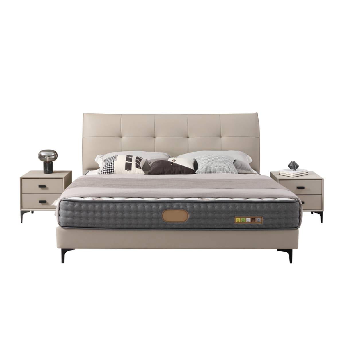 Close-up of the beige leather headboard corner showing stitching detail