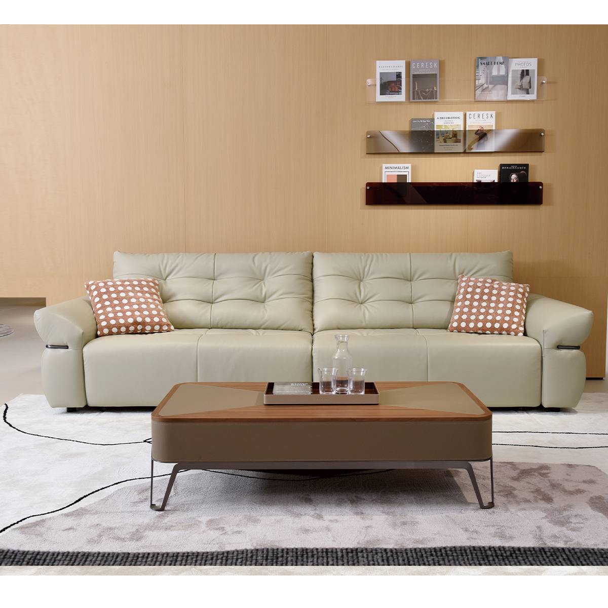 Front view of the sofa with a coffee table in the foreground, showing the full width and seating arrangement.