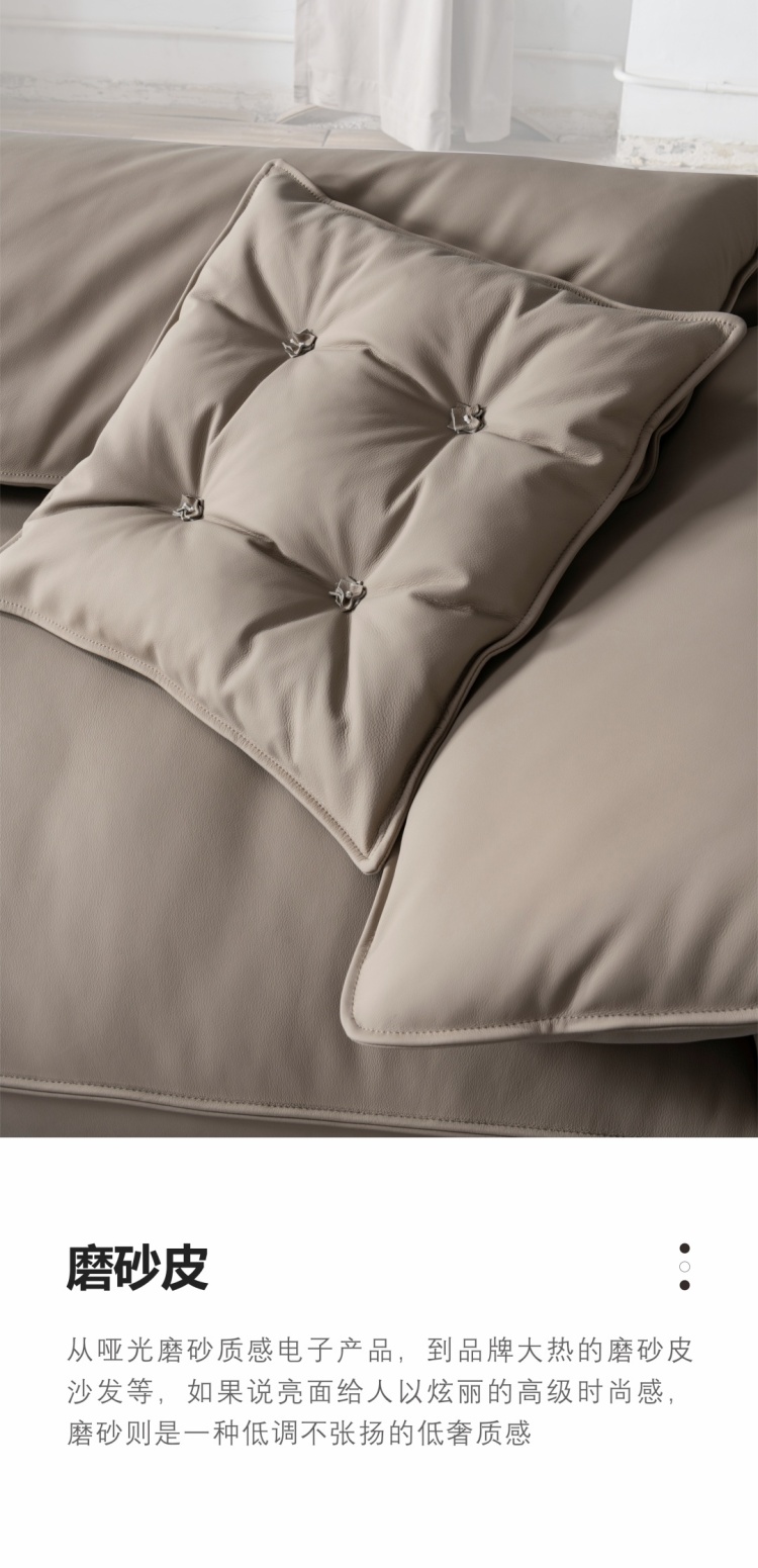 Close-up of the matte fabric sofa cushion with button tufting details.