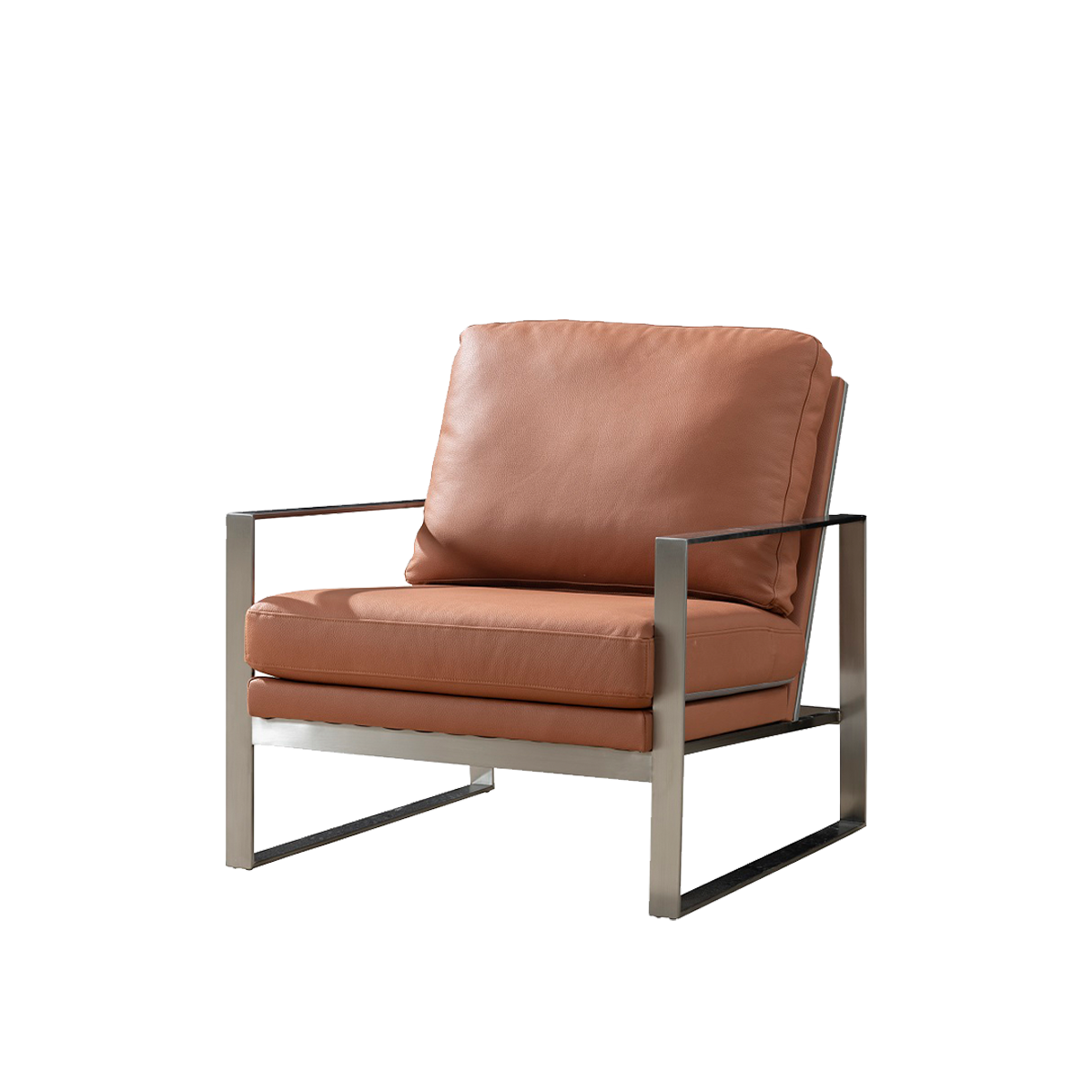 Brown leather lounge chair with stainless steel frame