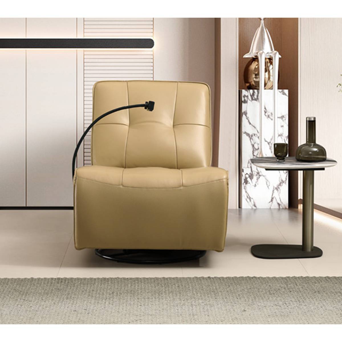 Front view of the beige leather electric recliner chair in an upright position.